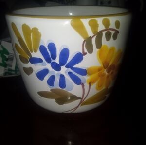 Hand-Painted Floral Ceramic Flower Pot Blue & Yellow Floral Italy